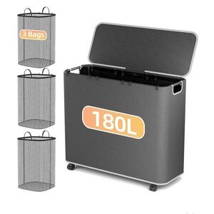 Yecaye 180L Laundry Basket With Lid and Removable 3 Bags Black/Grey